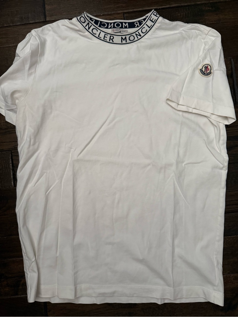 Moncler Men's White Logo Collar Tee Jacquard Neck Sleeve Patch Crew Neck Size